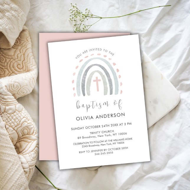 Convites Batismo Simples Boho Rainbow Cross Girl Rosa Rosa (Pink Simple Boho Rainbow Cross Girl Baptism Invitation)