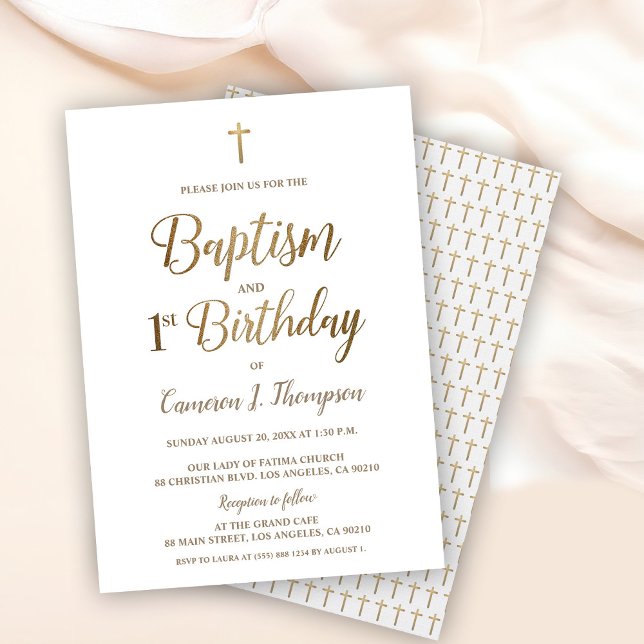 Convites Batismo simples e primeiro aniversario Dourado Ele (Elegant, simple baptism and first birthday - white with gold cross invitation. )