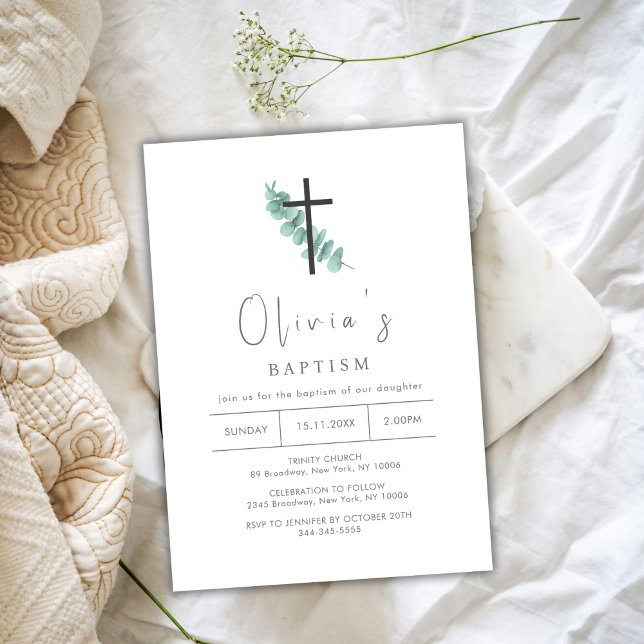 Convites Batismo Simples Eucalyptus Cross Christening (Simple Eucalyptus Cross Christening Baptism Invitation)
