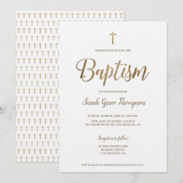 Convites Batismo Simples Moderno Dourado Cruz Branca Puro