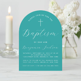 Convites Batismo Teal Arch Cross e Script Boy Christening