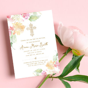Convites Batismo transversal do Ornamentado Floral Rosa Ele