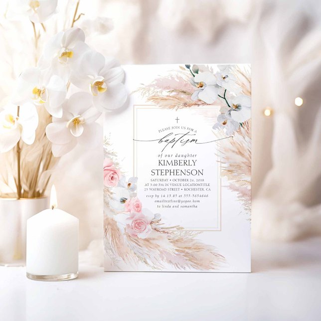 Convites Batismo tropical com larvas e orquídeas brancas (Pampas Grass Boho Pink Baptism Invitations)