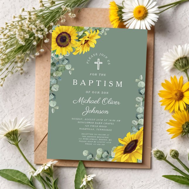 Convites Batismo Verde da Cruz de Girassol Elegante (Elegant Sage Green Sunflower Cross Baptism Invitation)