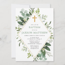 Convites Batismo verde de ouro verde e eucalipto moderno e 