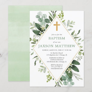 Convites Batismo verde de ouro verde e eucalipto moderno e 