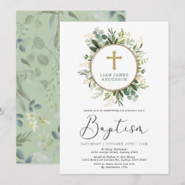Convites Batismo Verde Dourado minimalista em vegetação bot