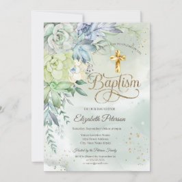 Convites Batismo Verde Elegante Dourado Suculta