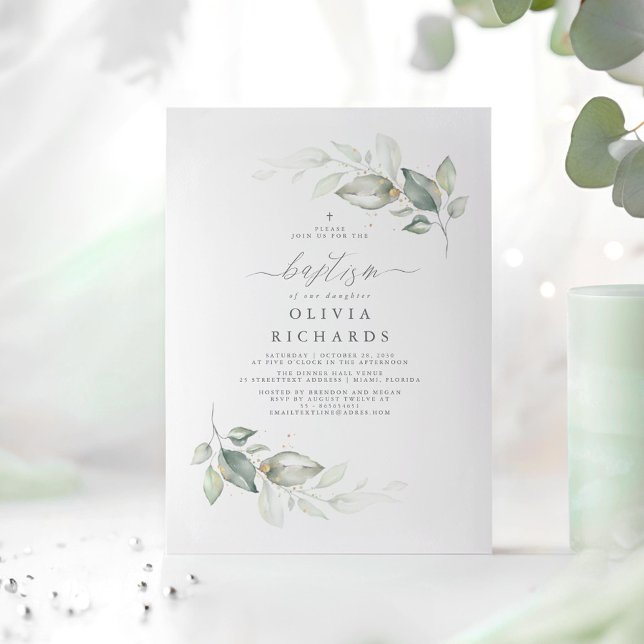 Convites Batismo Verde Elegante Moderno (Minimalist Greenery Elegant Baptism Invitations)
