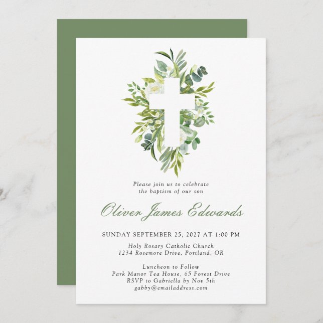 Convites Batismo Verde Floral Cruz Floral Moderna (Frente/Verso)