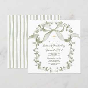 Convites Batismo Verde Sage Elegante Toile Francês