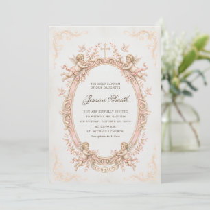 Convites Batismo Vintage Renascença Querubim Rosa