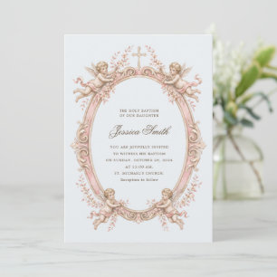 Convites Batismo Vintage Renascença Querubim Rosa