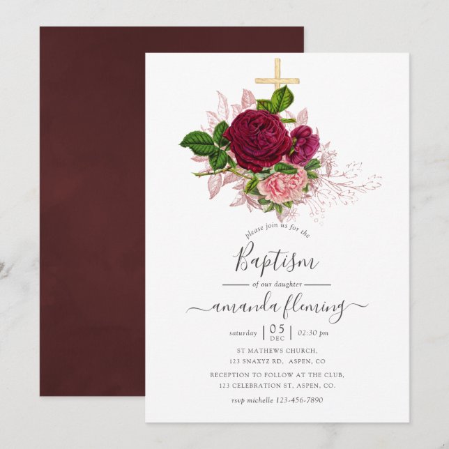 Convites Batismo Vintage Shabby-Chic Rosa e Borgonha (Frente/Verso)