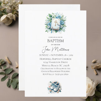 Convites Batismo White Floral Cross e Bíblias Boys