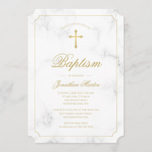 Convites Batismo White Marble Dourado Cross Script