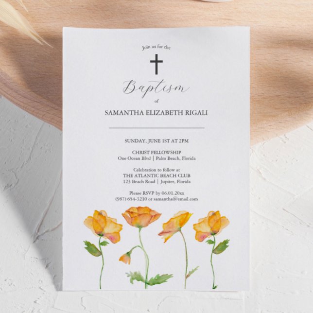 Convites Batismos Únicos Flores Laranja Flores Lar (Baptism invitations watercolor orange flowers art by Victoria Grigaliunas Do Tell A Belle)