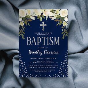 Convites Batizado Azul Floral Prata Menino Batismo
