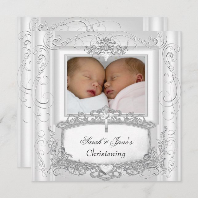 Convites Batizado Batismo de Gêmeas Menina ou Menino Branco (Frente/Verso)