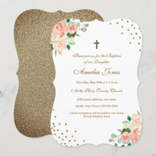Convites Batizado Confete Floral Dourado de Pêssego