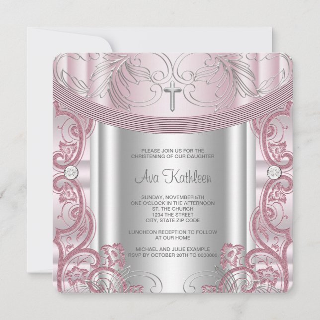 Convites Batizado de Bebê Menina em Prata e Rosa (Frente)
