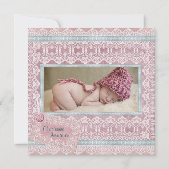 Convites Batizado de Bebê Menina Rosa Antigo Teal (Frente)