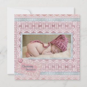 Convites Batizado de Bebê Menina Rosa Antigo Teal