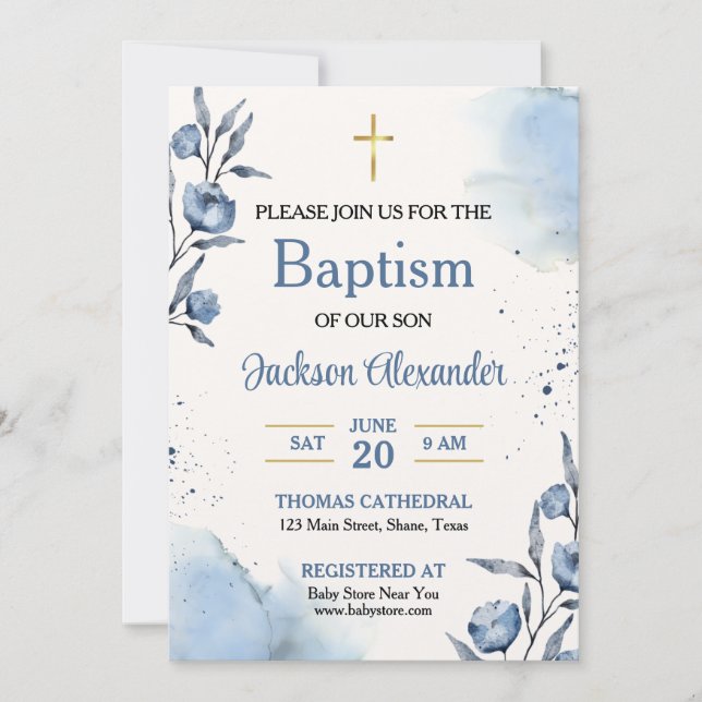 Convites Batizado de Bebê Menino com Floral Azul Pastel (Frente)