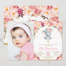 Convites Batizado de Elefante Floral Blush Foto de Batismo