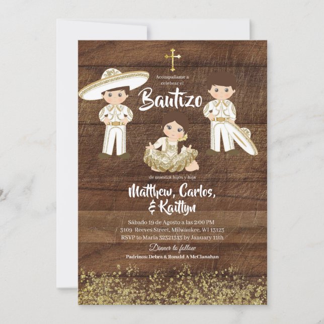 Convites Batizado de Irmão Charro Dourado de Cacto Mexicano (Frente)