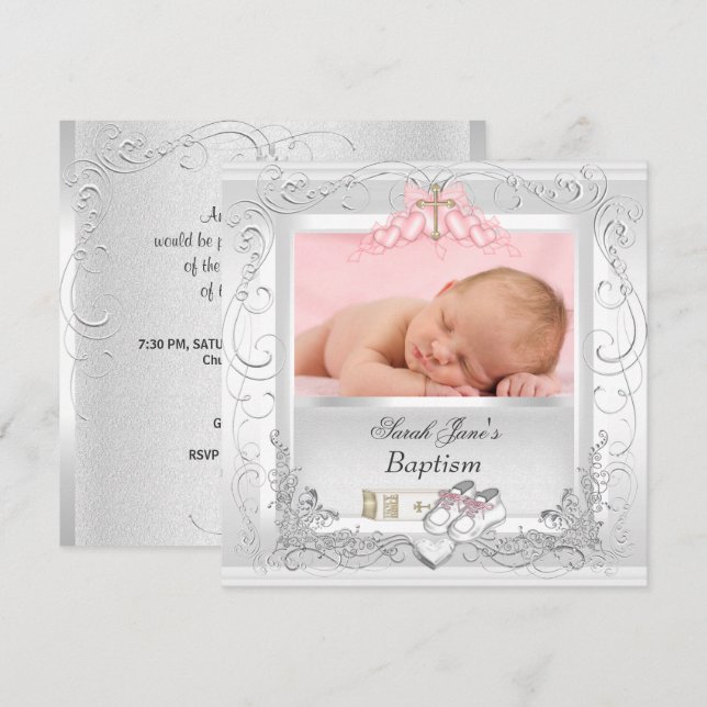 Convites Batizado de Menina Batismo Branco Rosa (Frente/Verso)