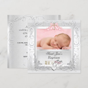 Convites Batizado de Menina Batismo Branco Rosa