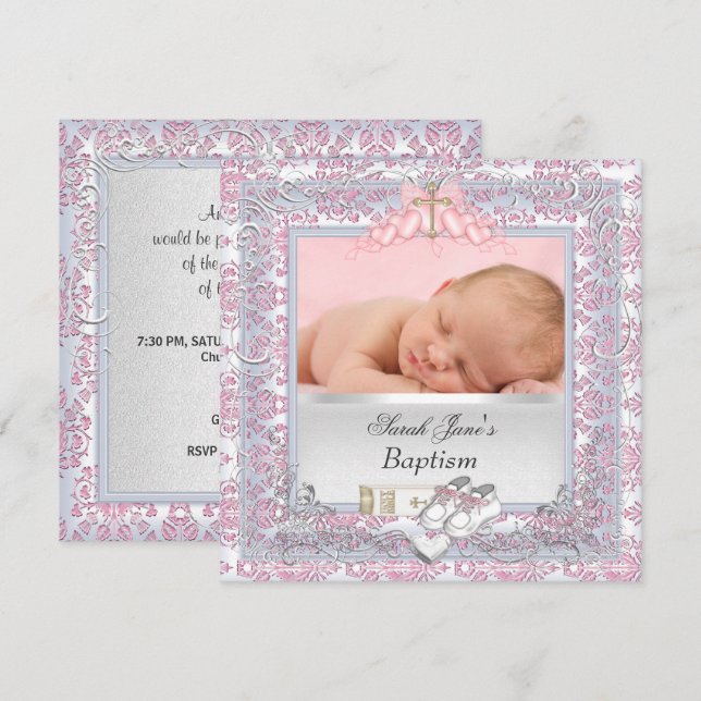 Convites Batizado de Menina Branco Rosa (Frente/Verso)