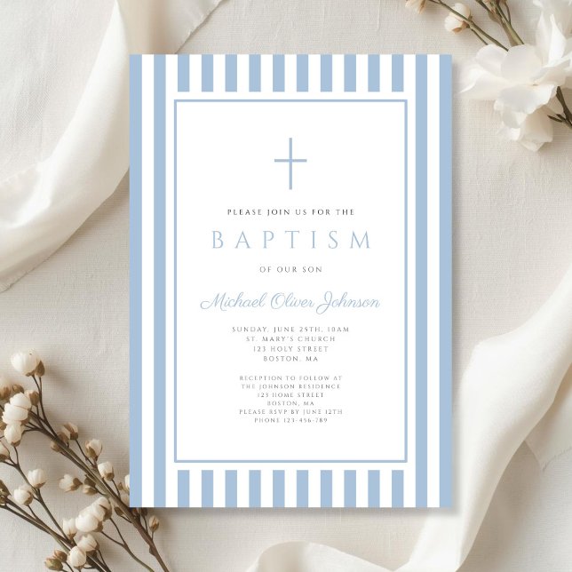 Convites Batizado de Menino Azul Bebê Elegante (Elegant Baby Blue Boy Baptism Invitation)