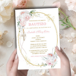 Convites Batizado e Primeiro Aniversário Menina Rosa Flores
