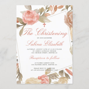 Convites Batizado Floral Rosa Elegante Aquarela