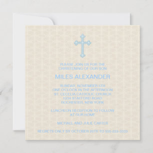 Convites Batizado Menino Azul Cruz Damask Bege