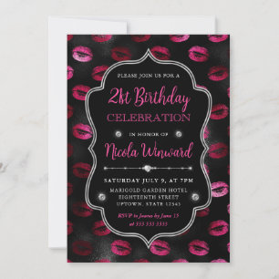 Convites Batom Brilhante Rosa e Preto Aniversário de 21 Ano