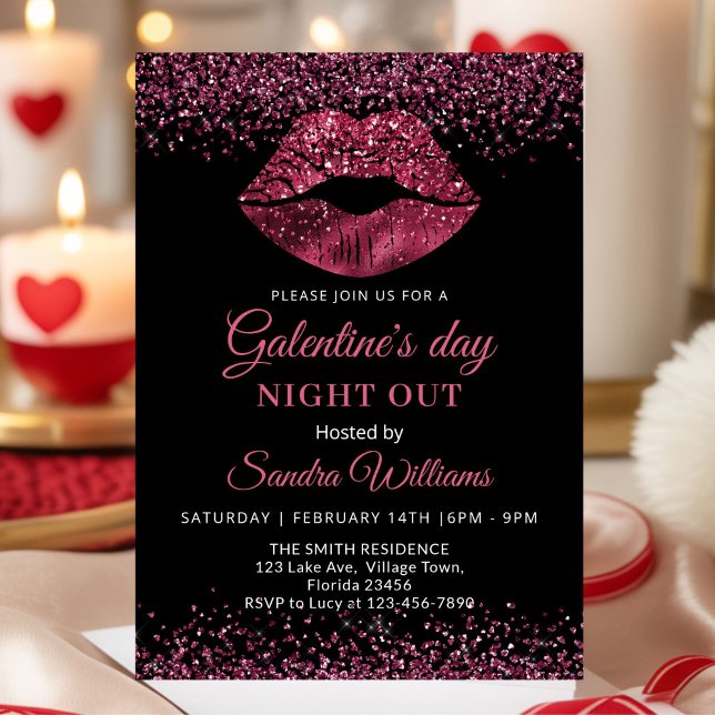 Convites Batom Burgundy para Noite do Dia de Galentine (Burgundy Glitter Lipstick Galentine's day party invitation)