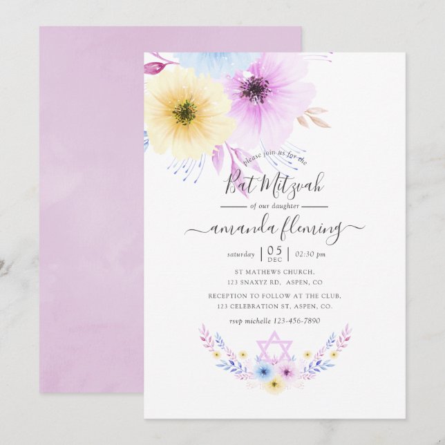 Convites Batom de Mitzvah Floral Rosa e Azul Pastel (Frente/Verso)