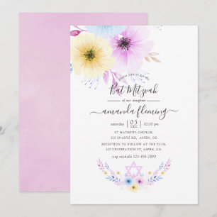 Convites Batom de Mitzvah Floral Rosa e Azul Pastel