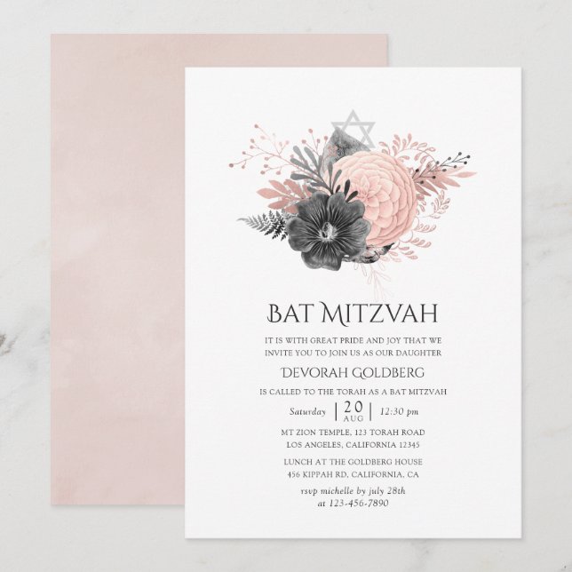 Convites Batom de Mitzvah Floral Rosa Pastel e Carvão (Frente/Verso)