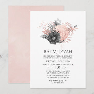 Convites Batom de Mitzvah Floral Rosa Pastel e Carvão