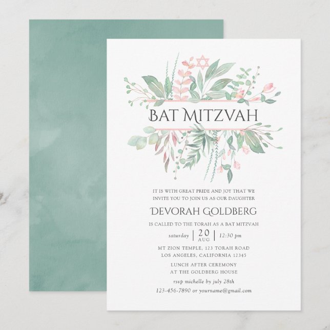 Convites Batom de Pastel Verde Bat Mitzvah (Frente/Verso)