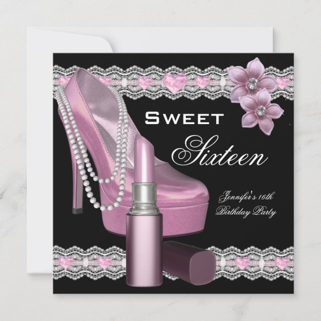 Convites Batom de Sapato Rosa Preto Sweet Sixteen 16 Festa (Frente)