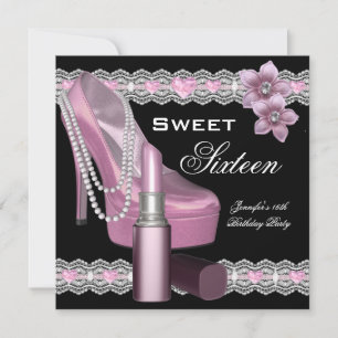 Convites Batom de Sapato Rosa Preto Sweet Sixteen 16 Festa
