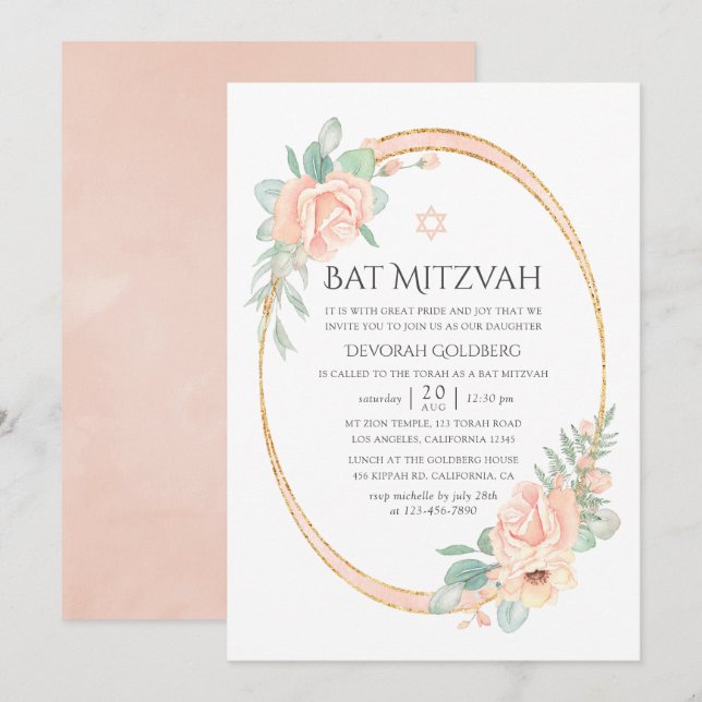 Convites Batom Pastel Floral Geométrico Bar Mitzvah (Frente/Verso)