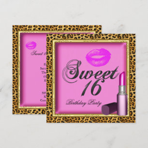 Convites Batom Sweet 16 Pink Lips Leopardo Dourado