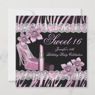 Convites Batom Zebra Rosa Preto Sweet Sixteen 16 Festa