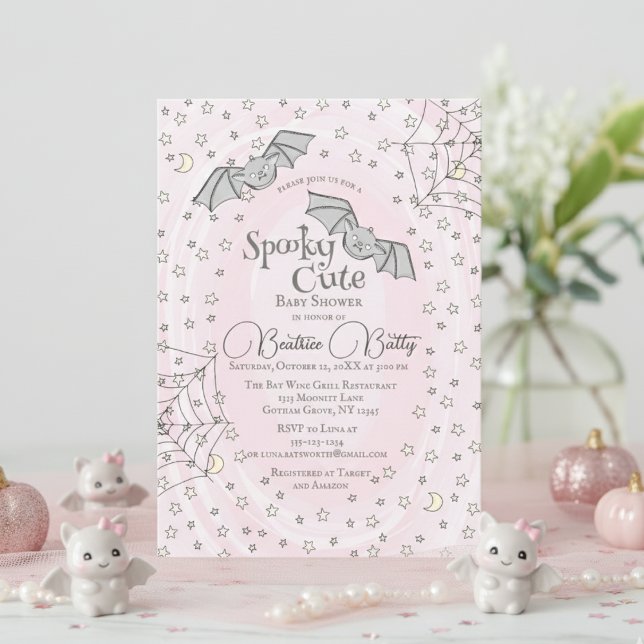 Convites Bats Rosa, Chá de fraldas Bonitinho (Spooky Cute Baby Bats Halloween Baby Shower. Baby Bats, Webs, Stars & Moons in Girly Pastel Pink)